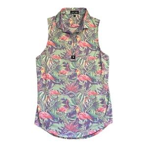 Bad Birdie Women’s Small Golf Tank Top Polo Colorful Tropic Print Flamingos